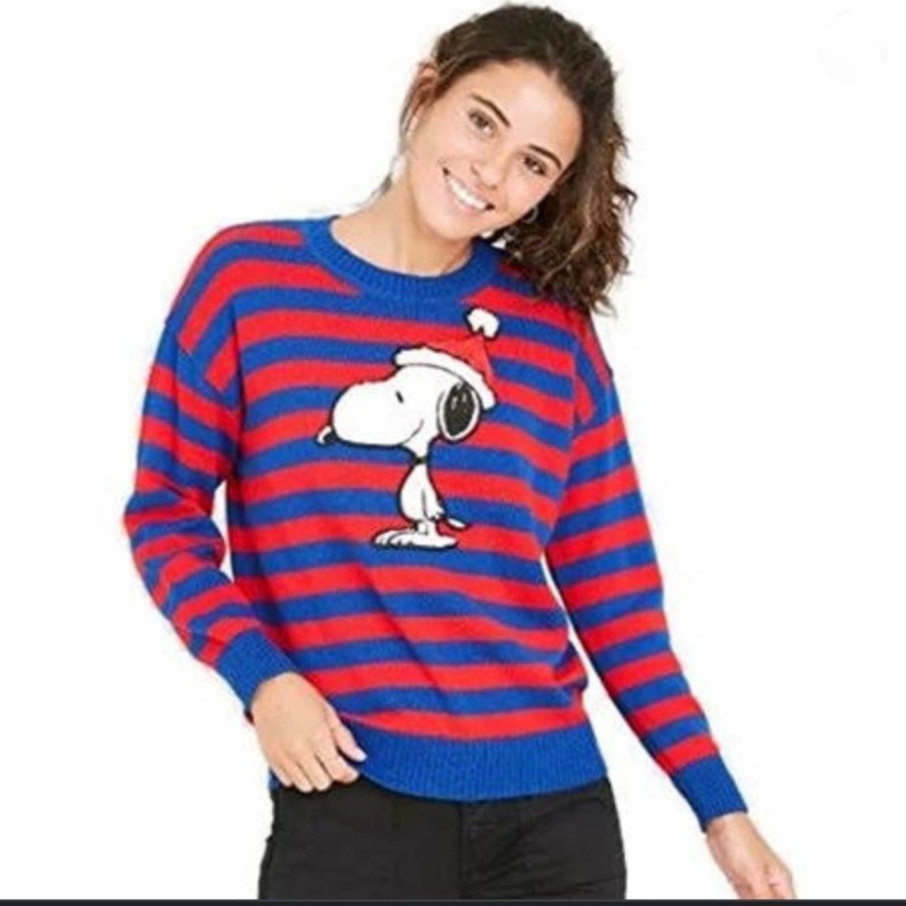 Snoopy Peanuts Holiday Striped Crewneck Long Sleeved Sweater Womens XL Red Blue